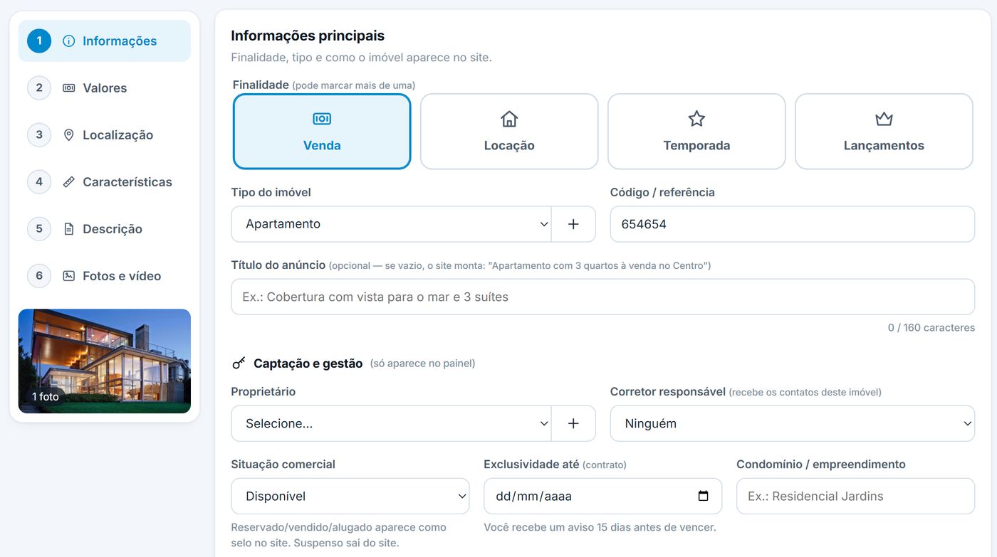 Cadastro do imóvel em etapas